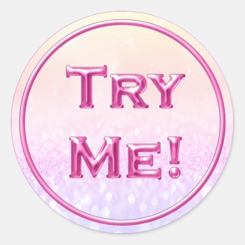 Try Me Glitter Pastel Pink Tester Sample Container Classic Round Sticker