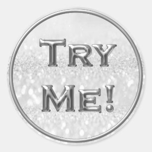 Try Me Glitter Silver Gray Tester Sample Container Classic Round Sticker