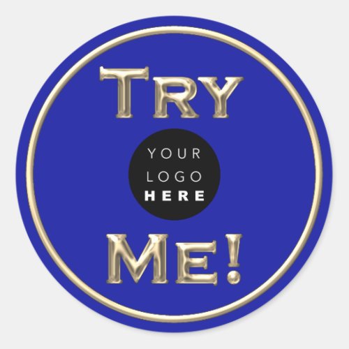 Try Me Logo Tester Sample Gold Blue Small Business Classic Round Sticker