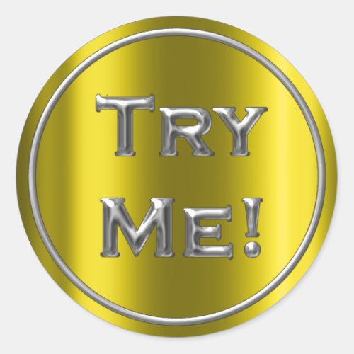 Try Me Mustard Yellow Gray Tester Sample Container Classic Round Sticker