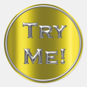 Try Me Mustard Yellow Gray Tester Sample Container Classic Round Sticker