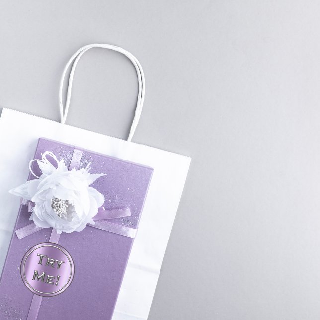 Try Me Silver Lavender Tester Sample Container Classic Round Sticker (Try Me Silver Lavender Tester Sample Container Classic Round Sticker)