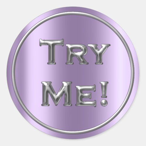 Try Me Silver Lavender Tester Sample Container Classic Round Sticker