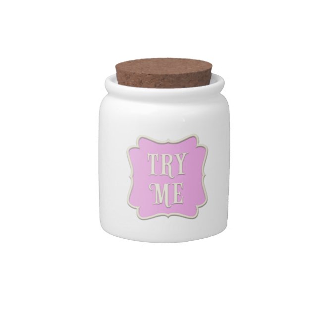 "Try Me" Wonderland Tea Party Pastel Pink Candy Jar (Front)