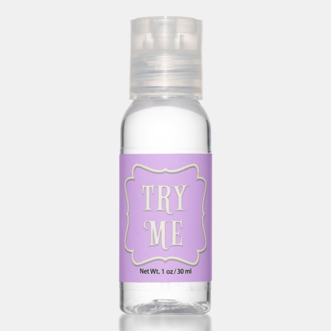 "Try Me" Wonderland Tea Party Pastel Purple Hand Sanitizer (Front)
