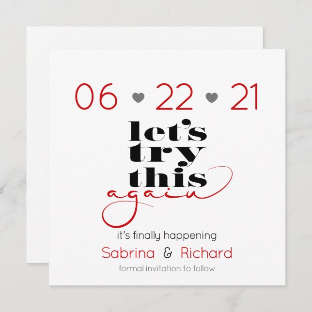 Try This Again Red Black and Grey  Save the Date Invitation (Front/Back)