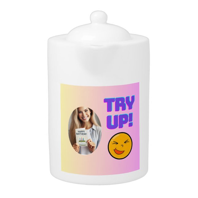 Try Up! Fun Emoji Design for Holiday Cheer Teapot (Front)