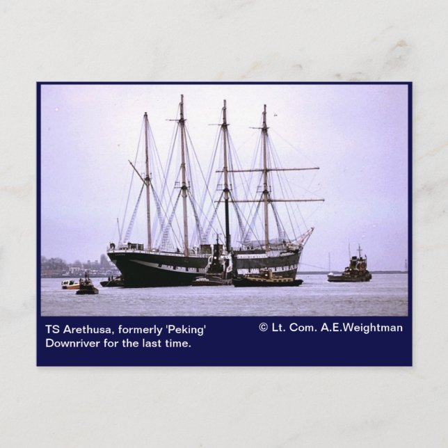 TS Arethusa, Downriver for the last time Postcard (Front)