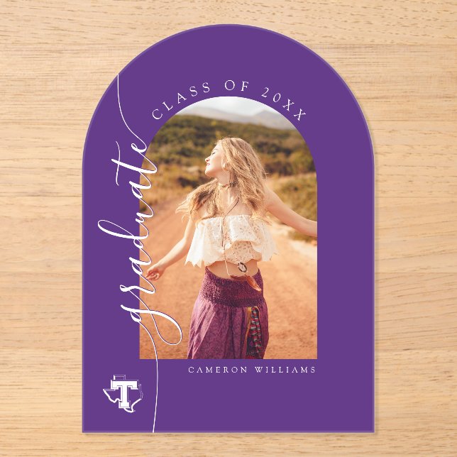 TSU | Bold Purple T Over Texas Acrylic Invitations (Front)