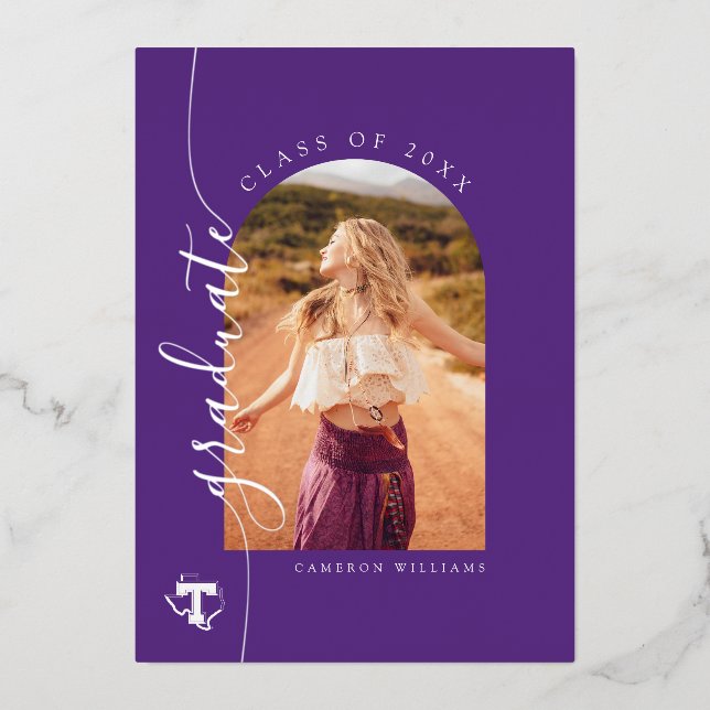 TSU | Bold Purple T Over Texas Foil Invitation (Front)