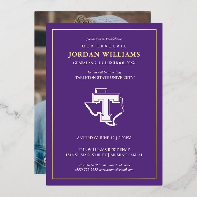 TSU | Bold Purple T Over Texas Foil Invitation (Front/Back)
