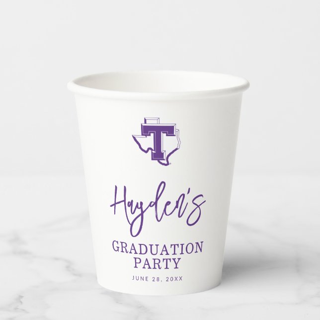 TSU | Bold Purple T Over Texas Paper Cups (Front)