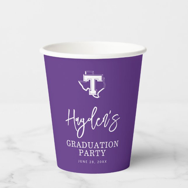 TSU | Bold Purple T Over Texas Paper Cups (Front)