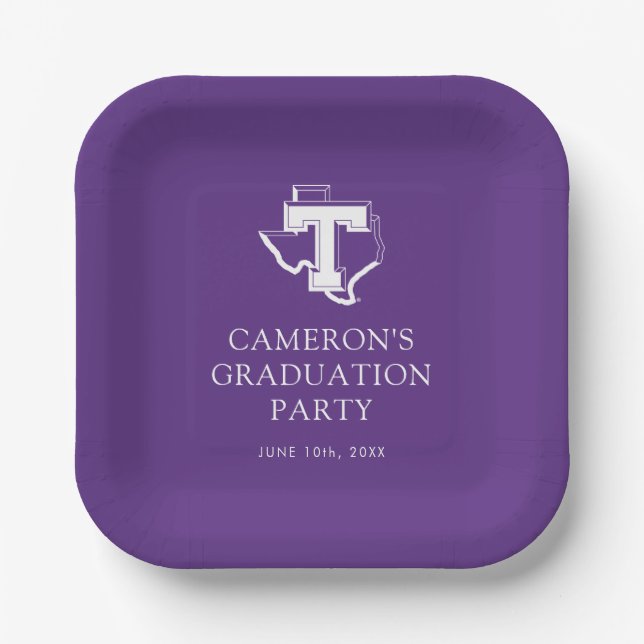 TSU | Bold Purple T Over Texas Paper Plates (Front)
