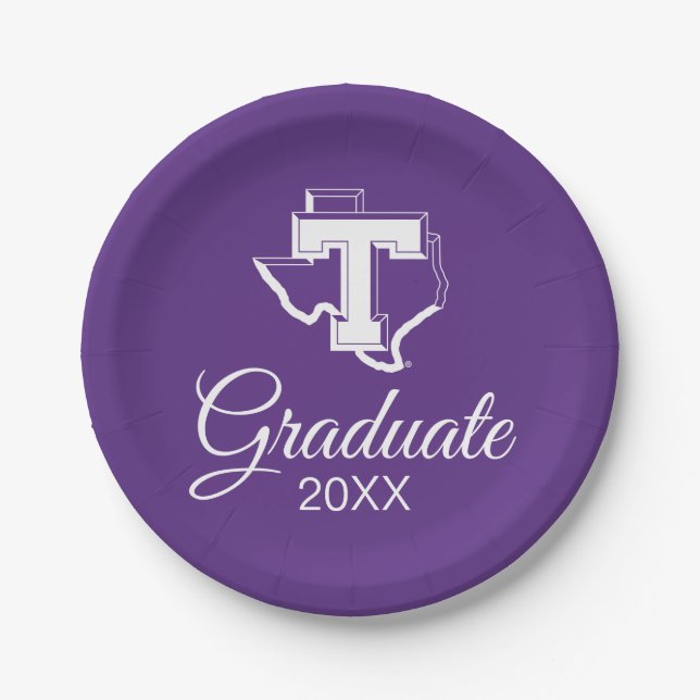 TSU | Bold Purple T Over Texas Paper Plates (Front)