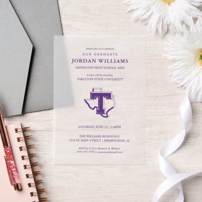 TSU | Bold Purple T Over Texas Vellum Invitations (Wedding)