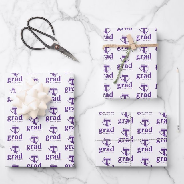 TSU | Bold Purple T Over Texas Wrapping Paper Sheets (Front)