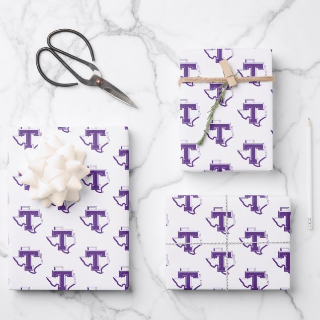 TSU | Bold Purple T Over Texas Wrapping Paper Sheets (Front)
