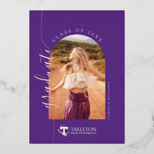 TSU | Purple T & Texas with Text Foil Invitation (Front)