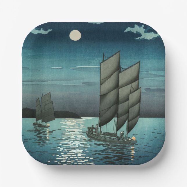 Tsuchiya Koitsu - Boats at Shinagawa, Night Paper Plates (Front)