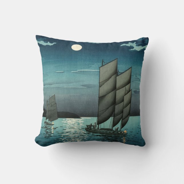 Tsuchiya Koitsu - Boats at Shinagawa, Night Throw Pillow (Front)