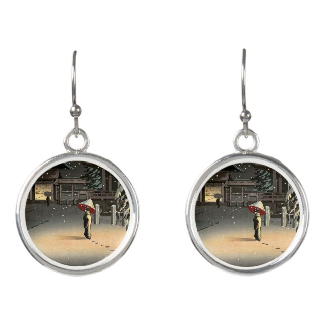 Tsuchiya Koitsu - Snow at Nezu Shrine Earrings (Front)