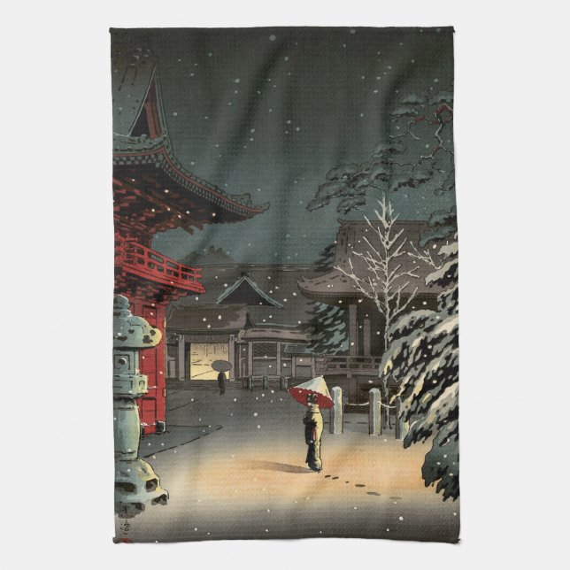 Tsuchiya Koitsu - Snow at Nezu Shrine Kitchen Towel (Vertical)