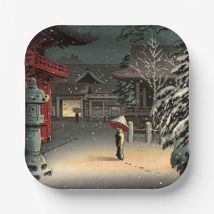 Tsuchiya Koitsu - Snow at Nezu Shrine Paper Plates
