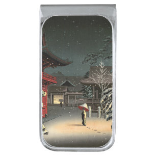 Tsuchiya Koitsu - Snow at Nezu Shrine Silver Finish Money Clip