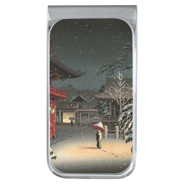 Tsuchiya Koitsu - Snow at Nezu Shrine Silver Finish Money Clip (Front Vertical)