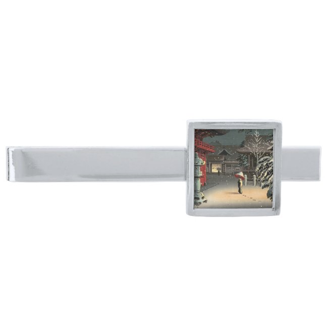 Tsuchiya Koitsu - Snow at Nezu Shrine Silver Finish Tie Bar (Front)