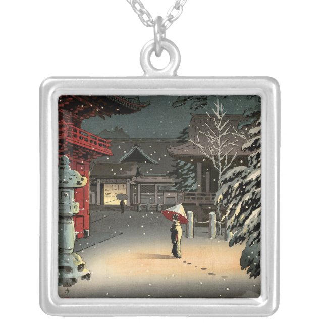 Tsuchiya Koitsu - Snow at Nezu Shrine Silver Plated Necklace (Front)