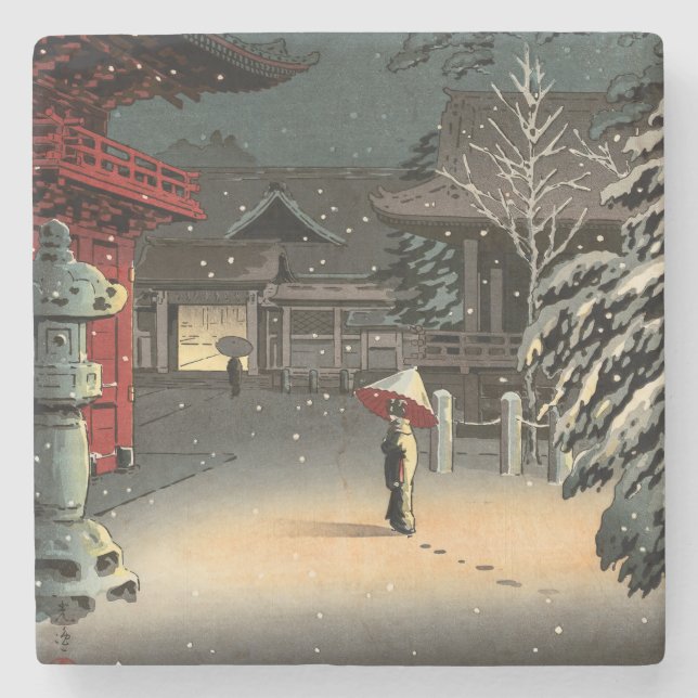 Tsuchiya Koitsu - Snow at Nezu Shrine Stone Coaster (Front)