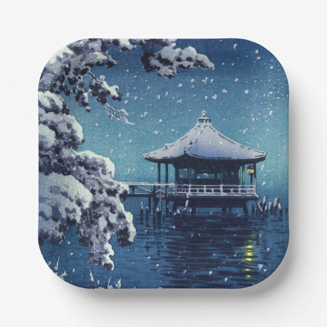 Tsuchiya Koitsu - Snow on the Ukimido at Katada Paper Plates (Front)