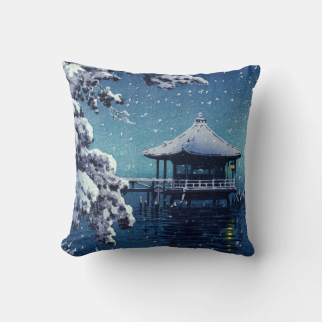 Tsuchiya Koitsu - Snow on the Ukimido at Katada Throw Pillow (Front)