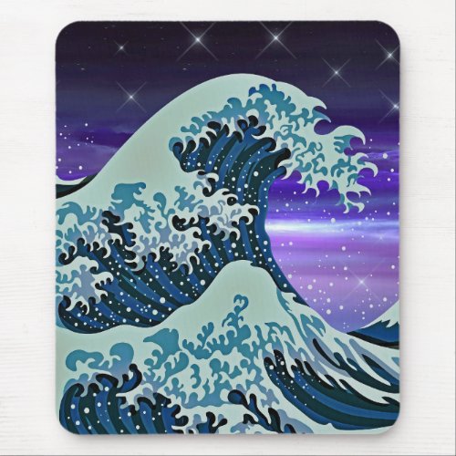 Tsunami Blue Wave with Stars Asian Artistic Mouse Pad