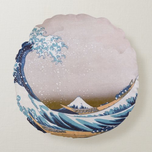 Tsunami Great Wave off Kanagawa Japan by Hokusai Round Pillow