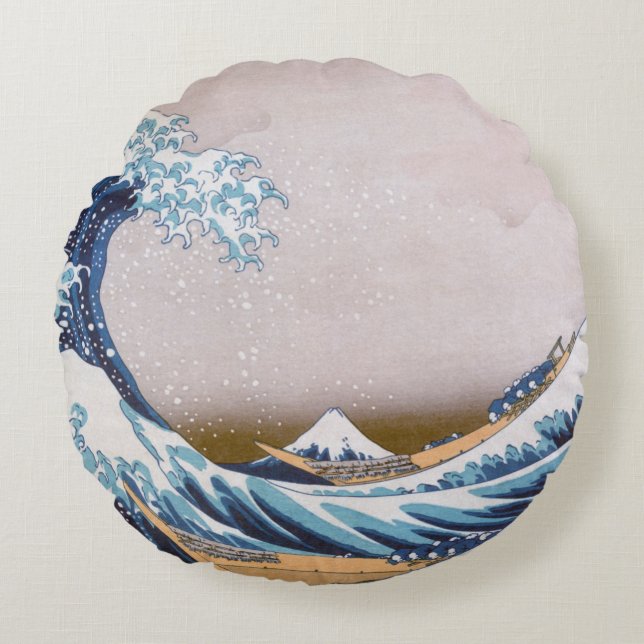 Tsunami Great Wave off Kanagawa Japan by Hokusai Round Pillow (Front)