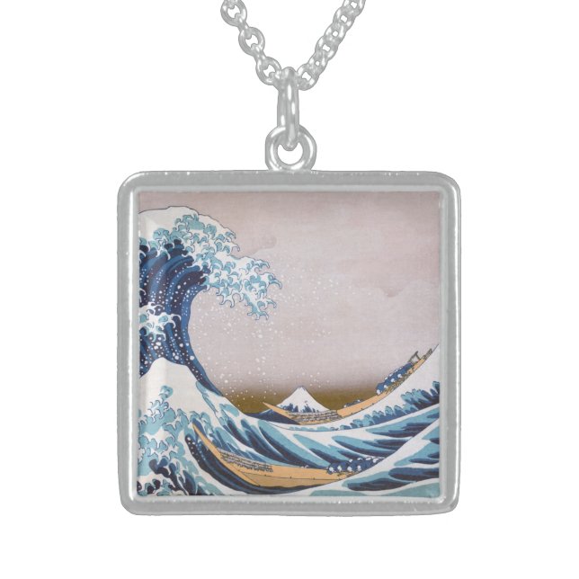 Tsunami Great Wave off Kanagawa Japan by Hokusai Sterling Silver Necklace (Front)