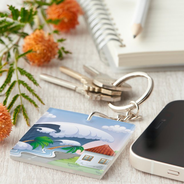 Tsunami Wave Hitting Coastal Road Tropical Storm Keychain (Creator Uploaded)