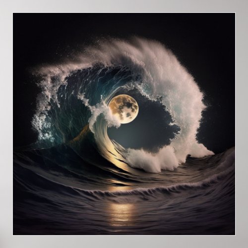 Tsunami wave in the glow of moonlight poster