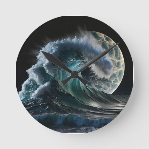 Tsunami wave in the glow of moonlight round clock