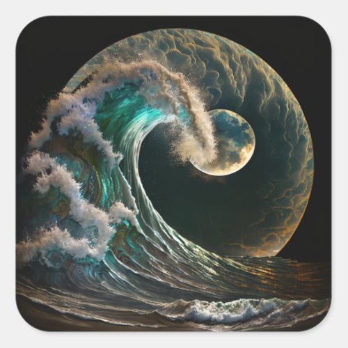 Tsunami wave in the glow of moonlight square sticker