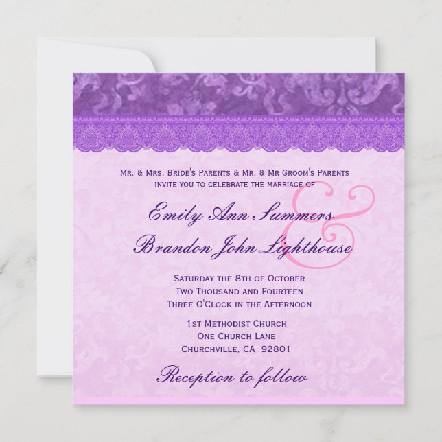 TT100 Purple with Lace Damask Wedding Invitation (Front)