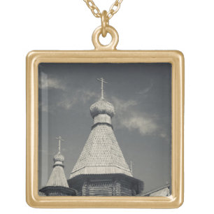 Ttraditional wooden Russian Orthodox church Gold Plated Necklace