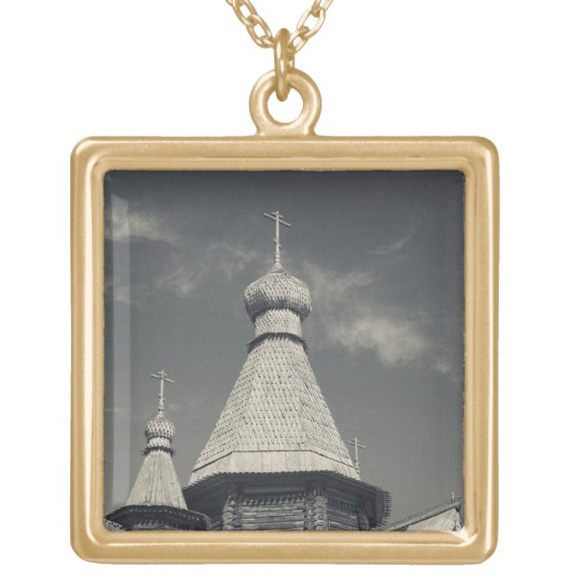 Ttraditional wooden Russian Orthodox church Gold Plated Necklace (Front)
