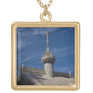 Ttraditional wooden Russian Orthodox church Gold Plated Necklace