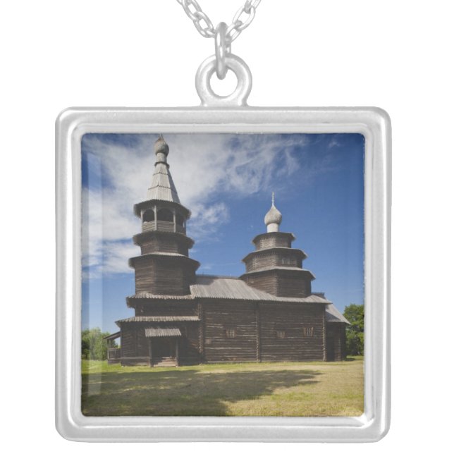Ttraditional wooden Russian Orthodox church Silver Plated Necklace (Front)
