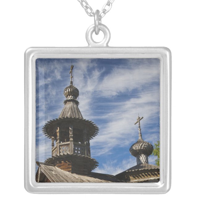 Ttraditional wooden Russian Orthodox church Silver Plated Necklace (Front)