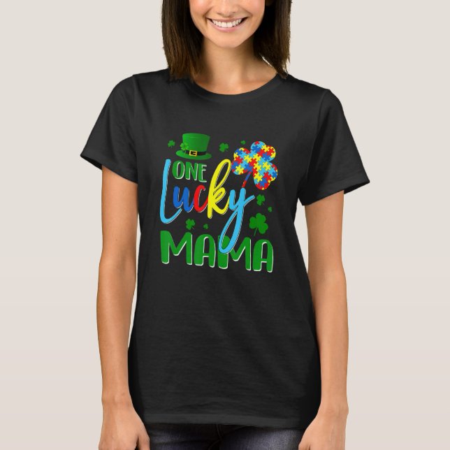 Tu One Lucky Mama Heart Puzzle Autism Awareness T-Shirt (Front)